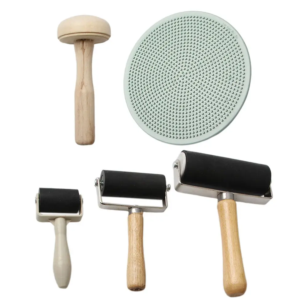 

5Pcs DIY Printmaking Kit Rubber Baren Roller Wooden Mushroom Roller for Block Printing Art Craft Stamping Accessories