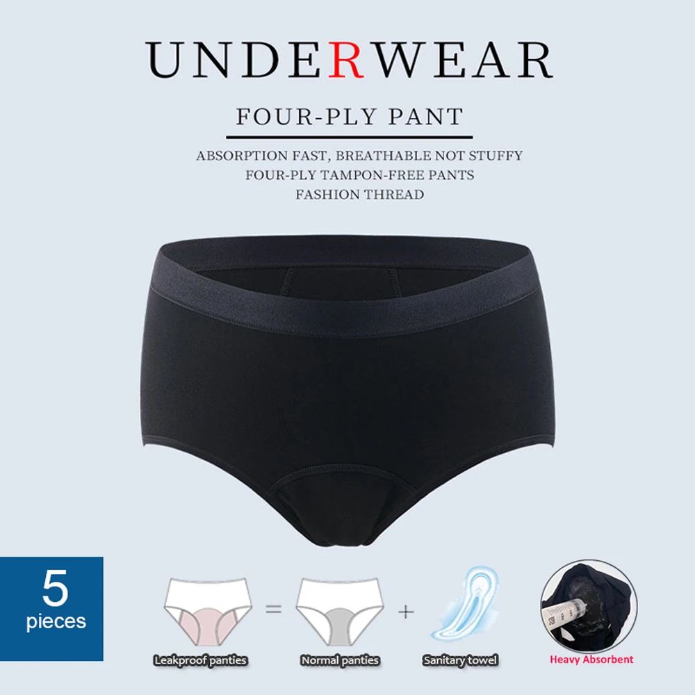 5Pcs/Set Heavy Absorbency Menstrual Panties  4 Layer Leakproof Women's Period Underwear Comfortable For Day Incontinence Briefs