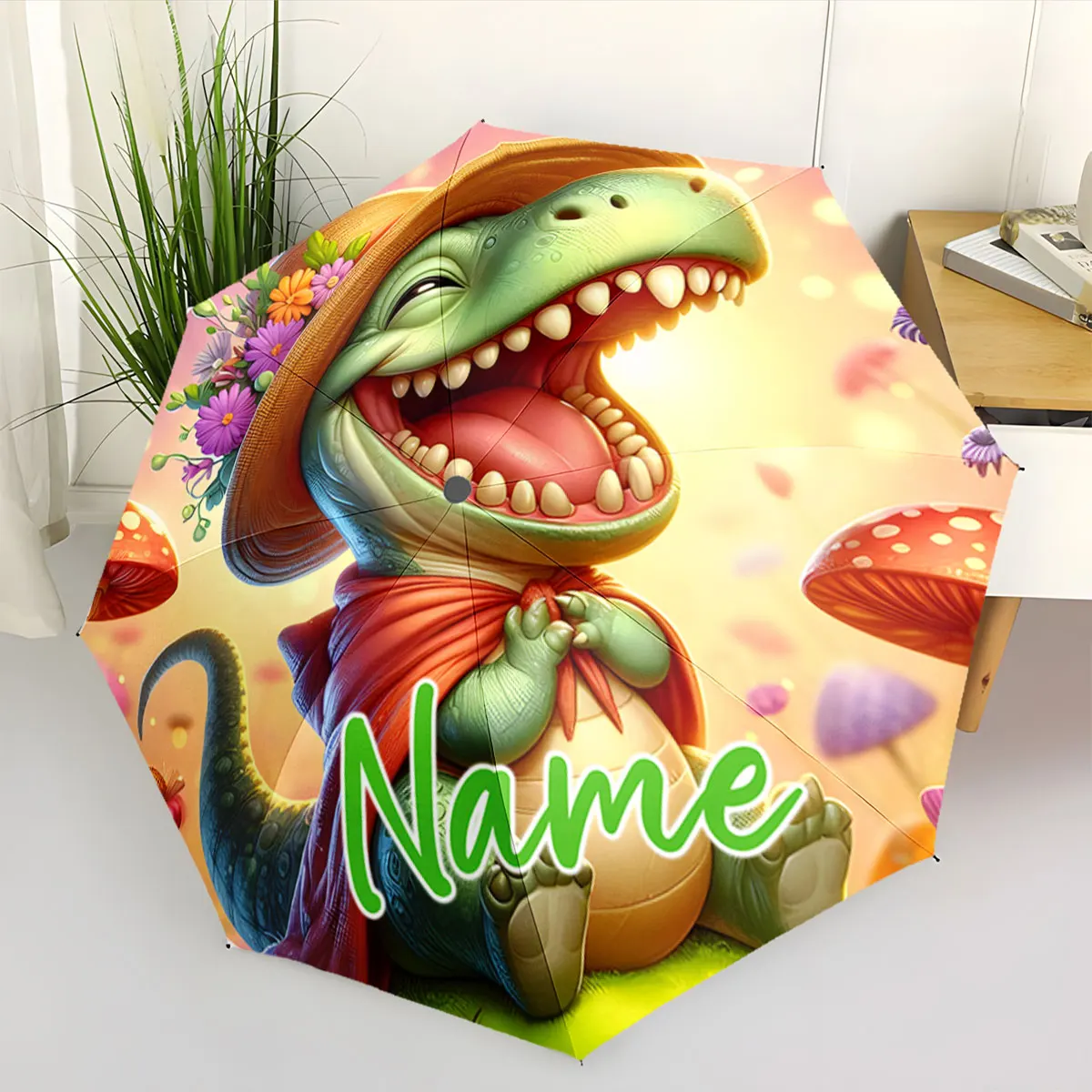 Custom Name Creative Dinosaur Design Umbrella for Fun and Style Print 8 Iron Ribs Folding Umbrella Auto-Open Fashion Sunshade