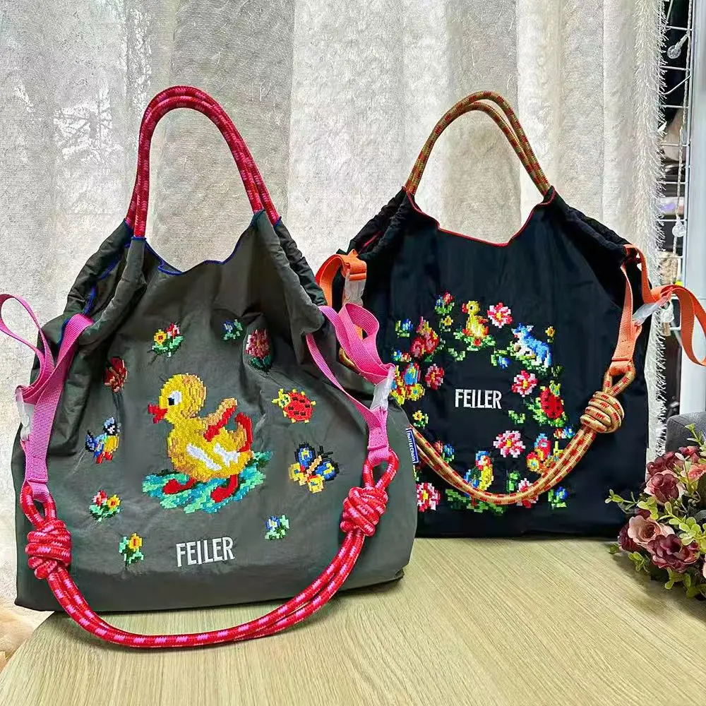 Draw String Hand Bag Oxford Cloth Embroidery Tote Reuseable Nylon Bag Portable Shoulder Bag Korea Bag Foldable Bag Embroidery