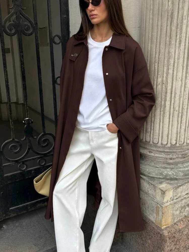 

Autumn Casual Lapel Long Trench Coat Women's Loose Long Sleeves Single-Breasted Solid Commute Clothes Women's Trench 2025