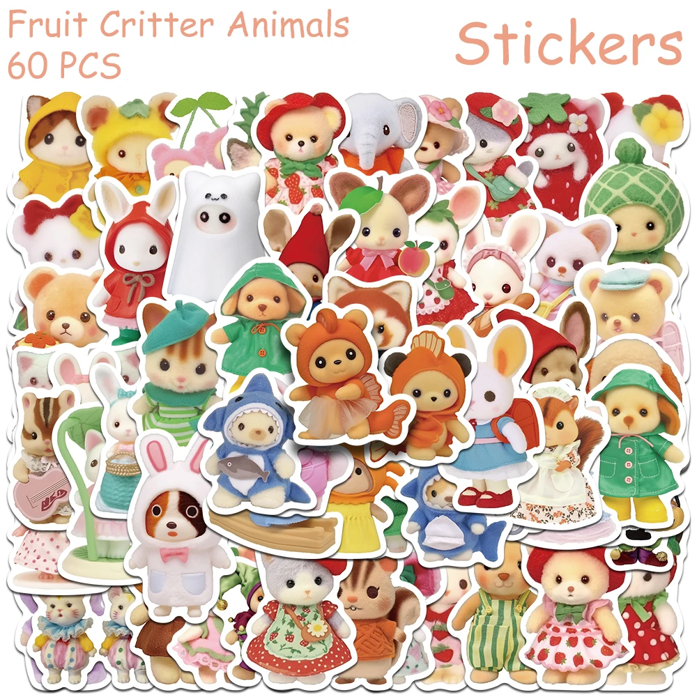 60pcs Fruit Critter Animals Stickers Decals For Phone Laptop Scrapbook Suitcase Skateboard Aesthetic Stickers Kids Creative Gift