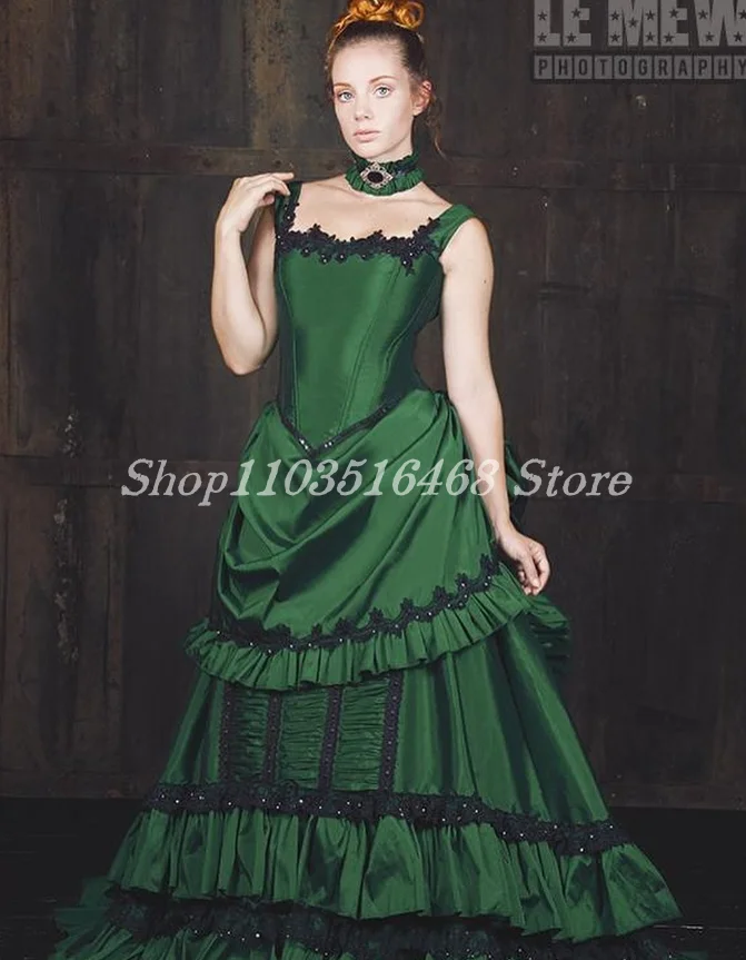 Vintage Victorian Prom Evening Gowns Emerald Green Taffeta Halter Bodice Lace Ruffles Floor Length Gowns Civil War Party Dresses