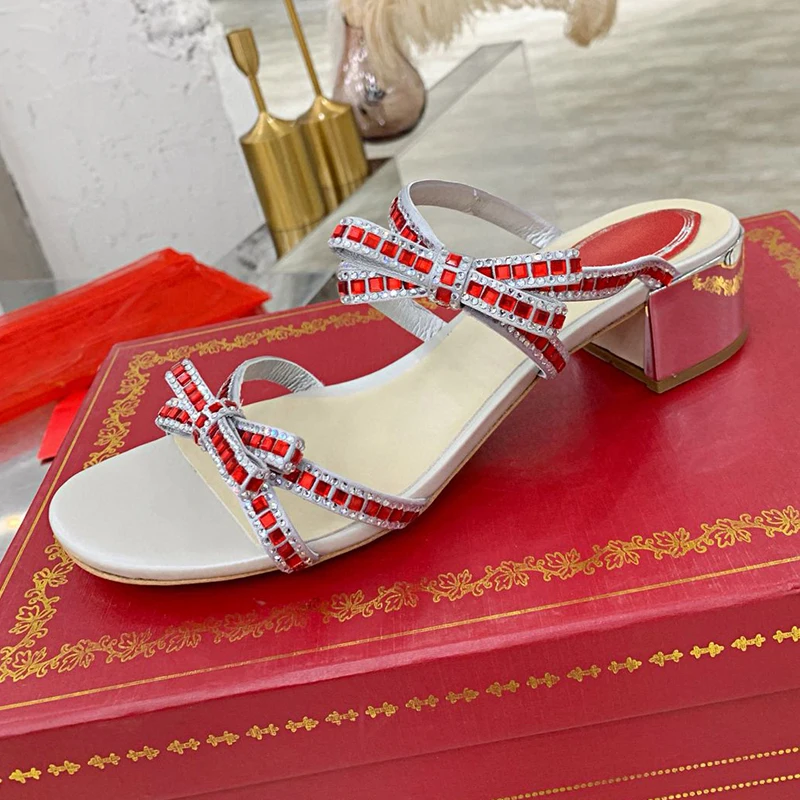 Туфли феи с открытым носком, разноцветные тапочки на квадратном каблуке, женские сандалии с декором из стразов и узлом-бабочкой, летние модельные туфли, туфли-лодочки