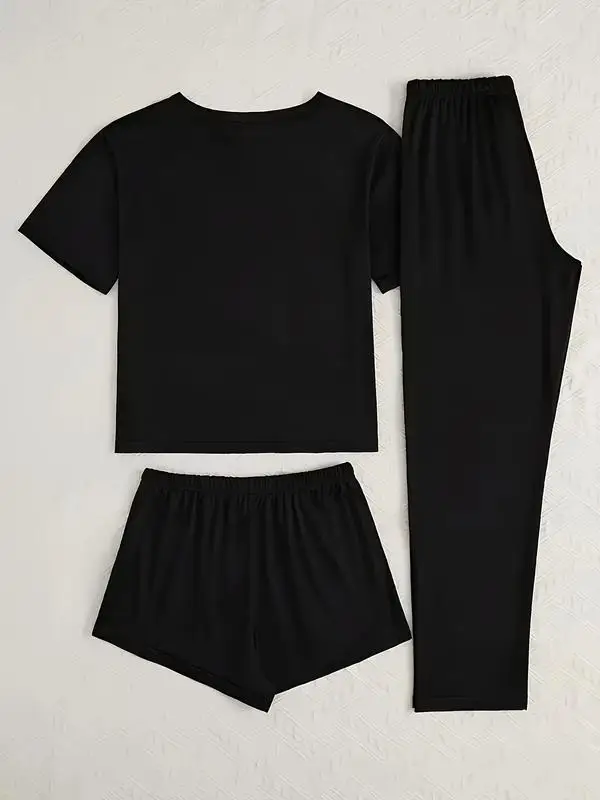 Women's Casual Letter Print Pajama Set, Three-Piece Sleepwear for All Seasons, Fitted Kint Fabric, Comfortable Nightwear