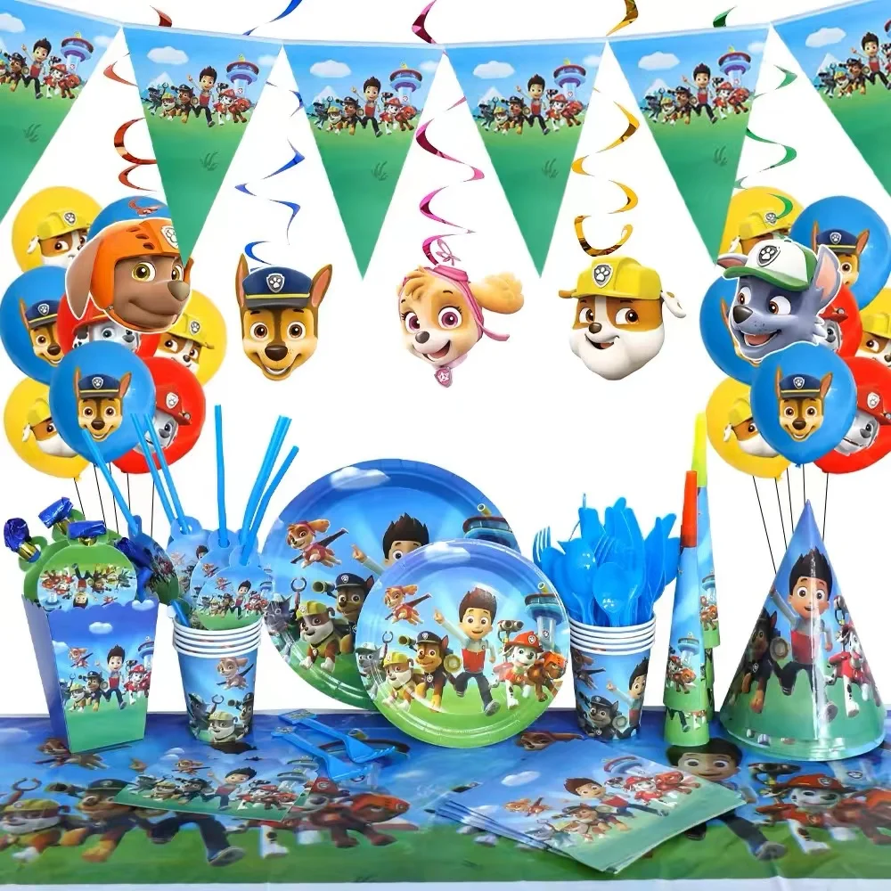 Paw Patrol Birthday Decoration Party Tableware Set Tablecloth Cup Plate Event Supplies Balloons Set Banner Background Kids Gift