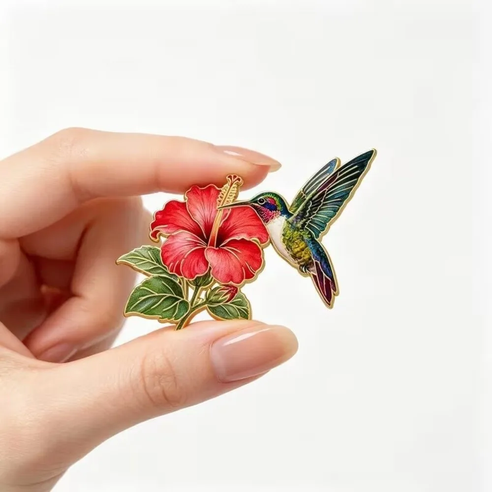 Zinc Alloy Hummingbird Flower Enamel Pin Colorful Chinese Style Animal Lapel Pins Gold Trim Vintage Metal Bird Floral Brooch Pin