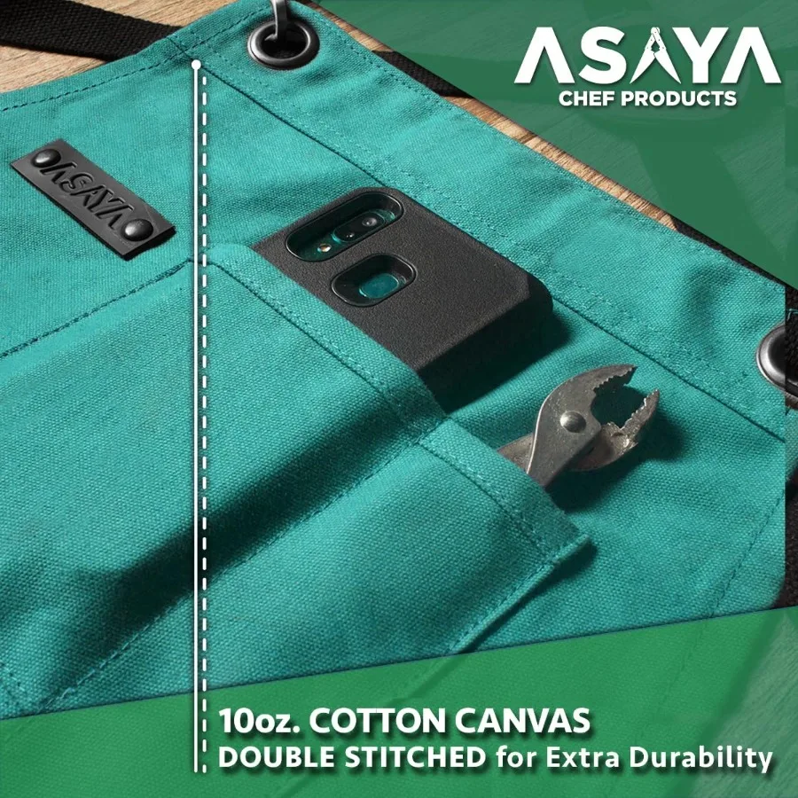 내구성 있는 10온스 면 캔버스 소재의 셰프 및 바베큐 앞치마 (내장 병따개 및 핸드 타올 수납 기능, 강화된 크로스 백 스트랩 포함)