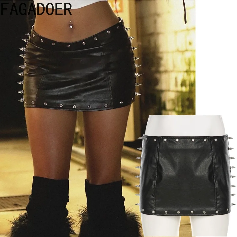 

FAGADOER Punk Gothic Leather Skirts Women Short Sexy Black Rivets Patchwork Bodycon Mini Skirts Hot Girl Y2k Club Streetwear