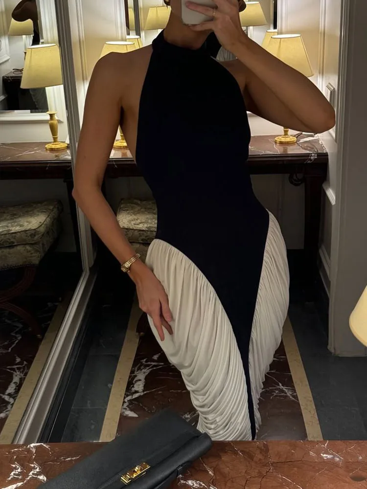 فستان أنيق بدون ظهر Bodycon ميدي للنساء 2025 بألوان متباينة فساتين سهرة للحفلات صيفية أنيقة بدون أكمام #5