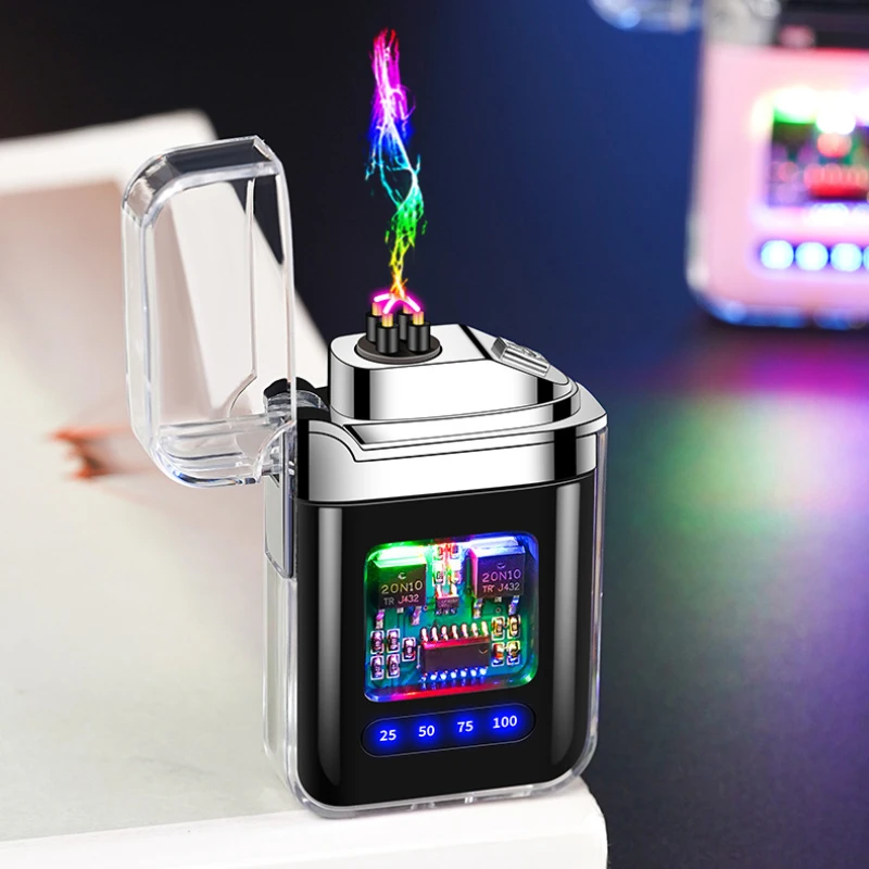 Small and Transparent Case Electronic Pulse Windproof Dual Arc Charging Lighter Color Battery Display Cigarette Lighter - Image 2