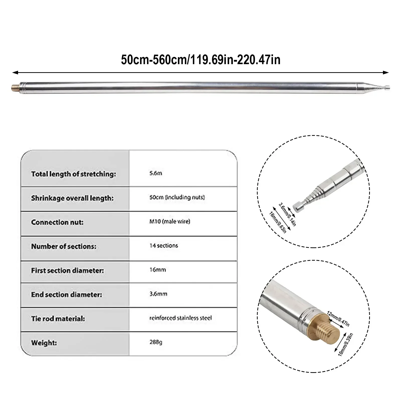 Antenne télescopique en acier inoxydable, filetage externe pour radios à ondes courtes bricolage, 5 6M 18 4FT GP M10
