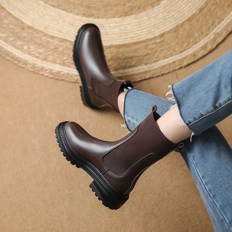 Shoes Woman England Style High Street Retro 2023 Autumn Winter Cowhide Chelsea Boots Women Casual Fashion Black Platform Boots