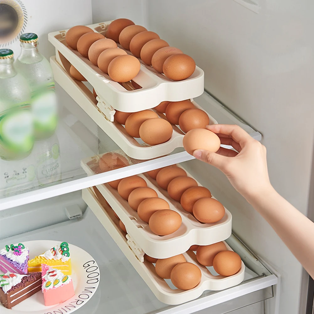 Folding Egg Holder For Refrigerator Automatic Egg Rolling Dispenser Egg Rack Egg Manager Large-Capacity