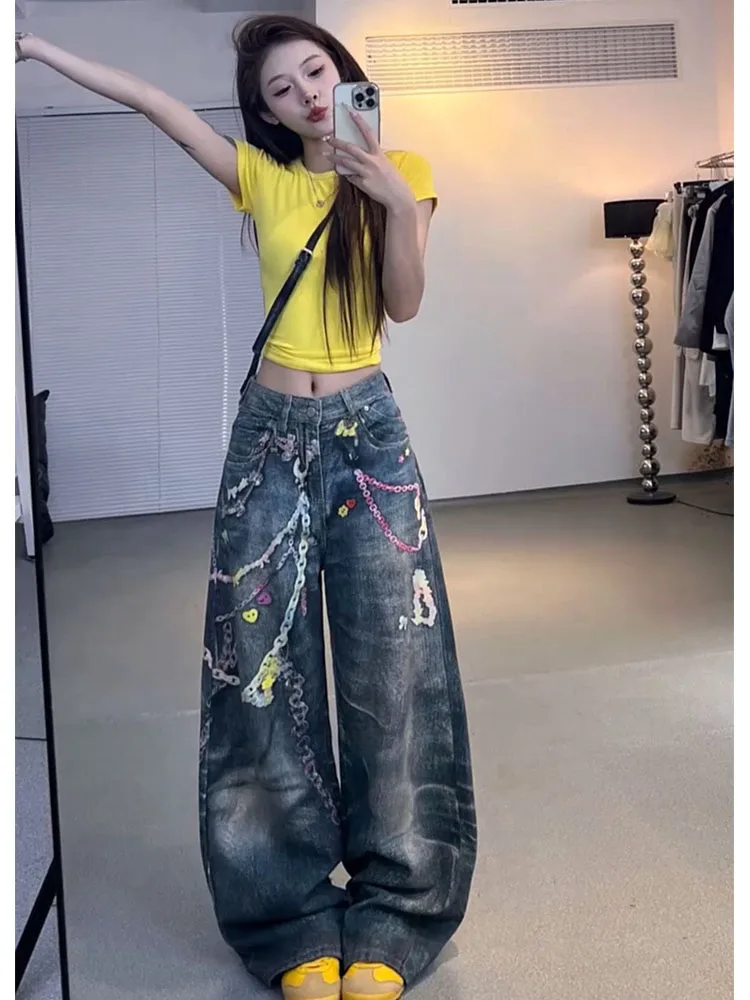 

Retro Waed Straight Leg Denim Jeans Women's Design Slim Wide Leg Casual Floor Length Pants High Waist Summer Blue