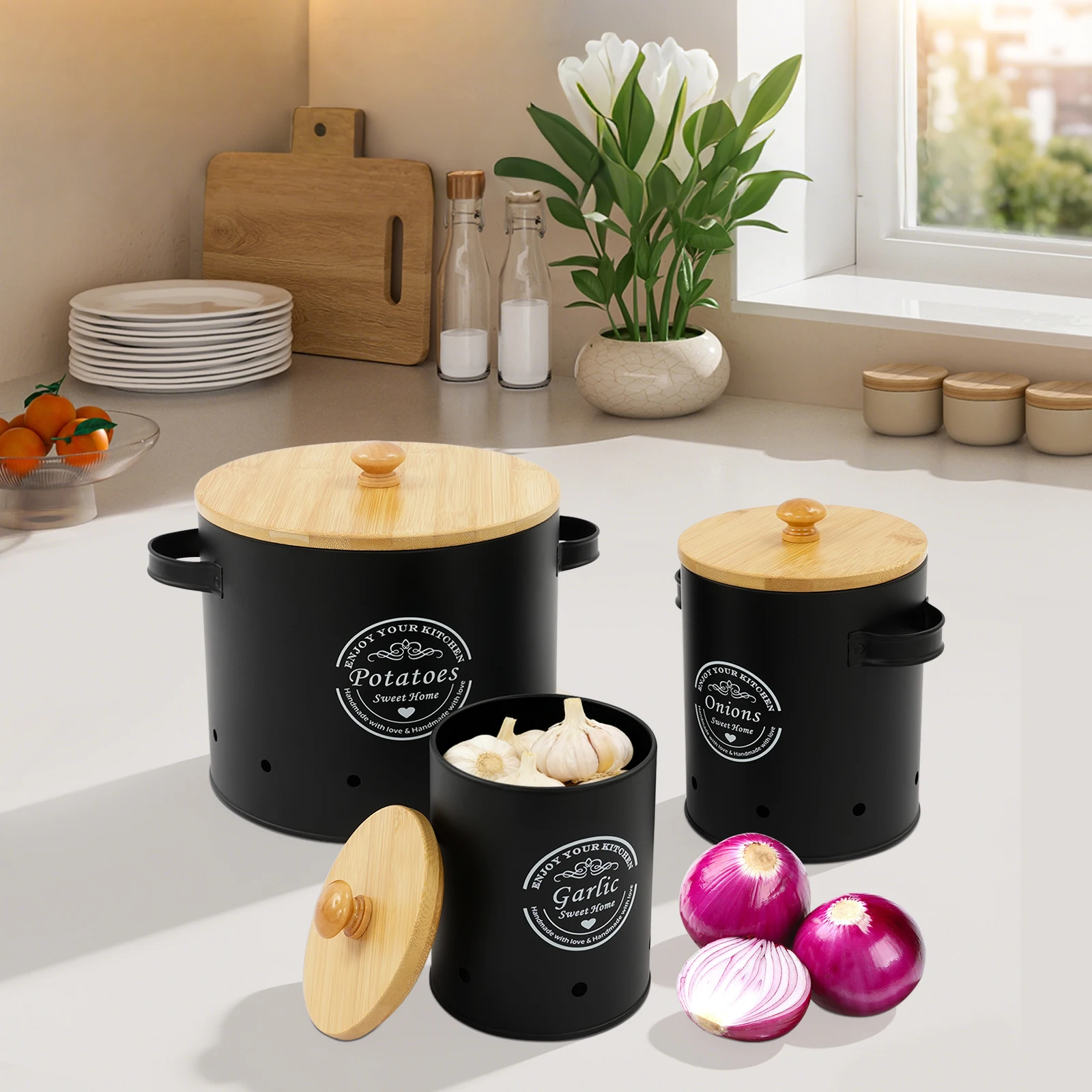 Ensemble de 3 boîtes de rangement en acier au carbone pour pommes de terre, oignons et ail avec couvercles en bambou, conteneurs de rangement ventilés multi-tailles pour légumes, bacs autoportants pour légumes racineux pour l'organisation de la cuisine, du garde-manger à la maison, au restaurant et à l'hôtel