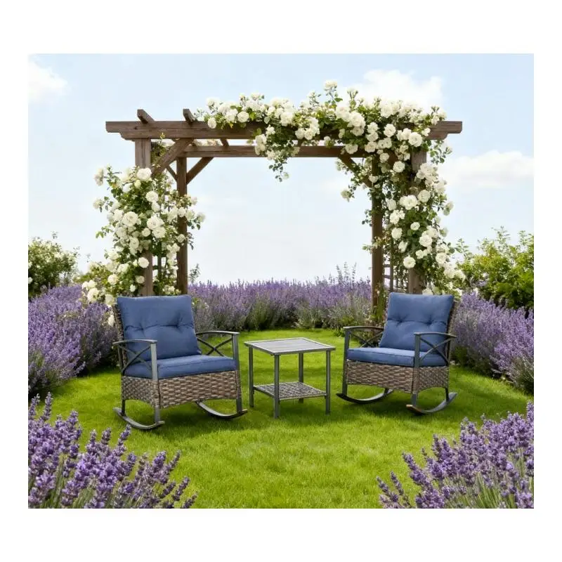 Outdoor Wicker Patio Rocking Conversation Set with Cushions and Table