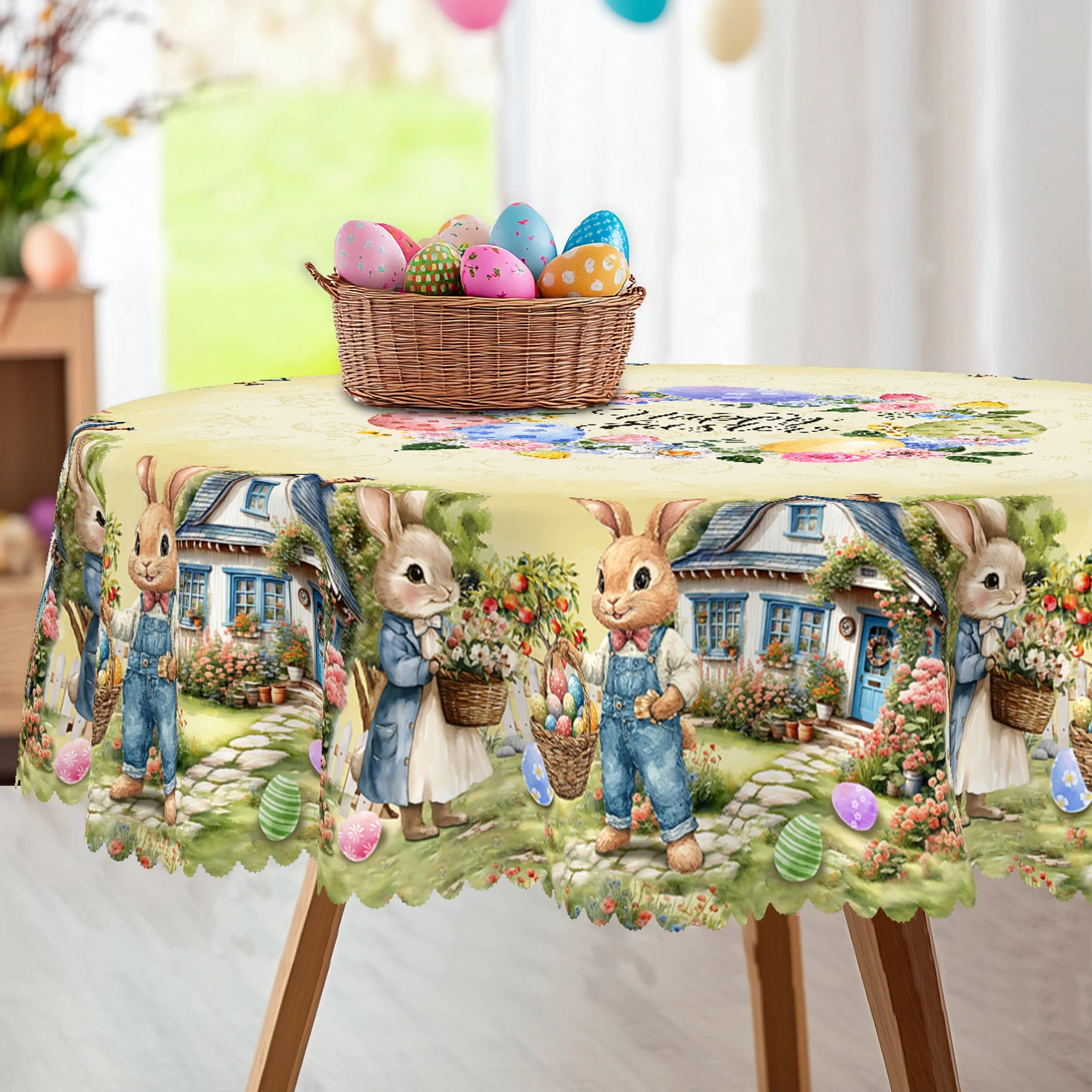 1 pieza de mantel redondo y rectangular de Pascua, disponible en varios tamaños, linda corona envuelta alrededor de huevos pintados, conejito suave y adorable que lleva una cesta como una acogedora la casa, bordes en relieve