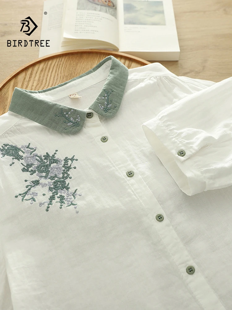 

New 2025 Autumn Cotton Yarn Half Sleeve Shirt, Women Turn-down Collar Embroidery, Mori Girl Retro Casual Loose Blouse T56292CC