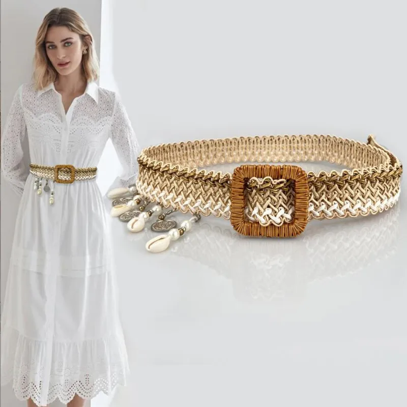 

New Braided Women's Belt Vintage Wide Bohemian Belts Designer Square Pin Buckle Shell Decorative Women PP Straw Waist Belt