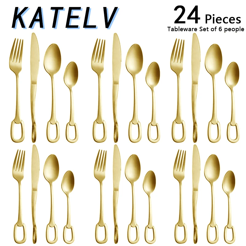 

24Pcs Luxury Cutlery Set Stainless Steel Matte Tableware Creativity European Knife Fork Spoon Dinnerware Co Branded Kitchenware