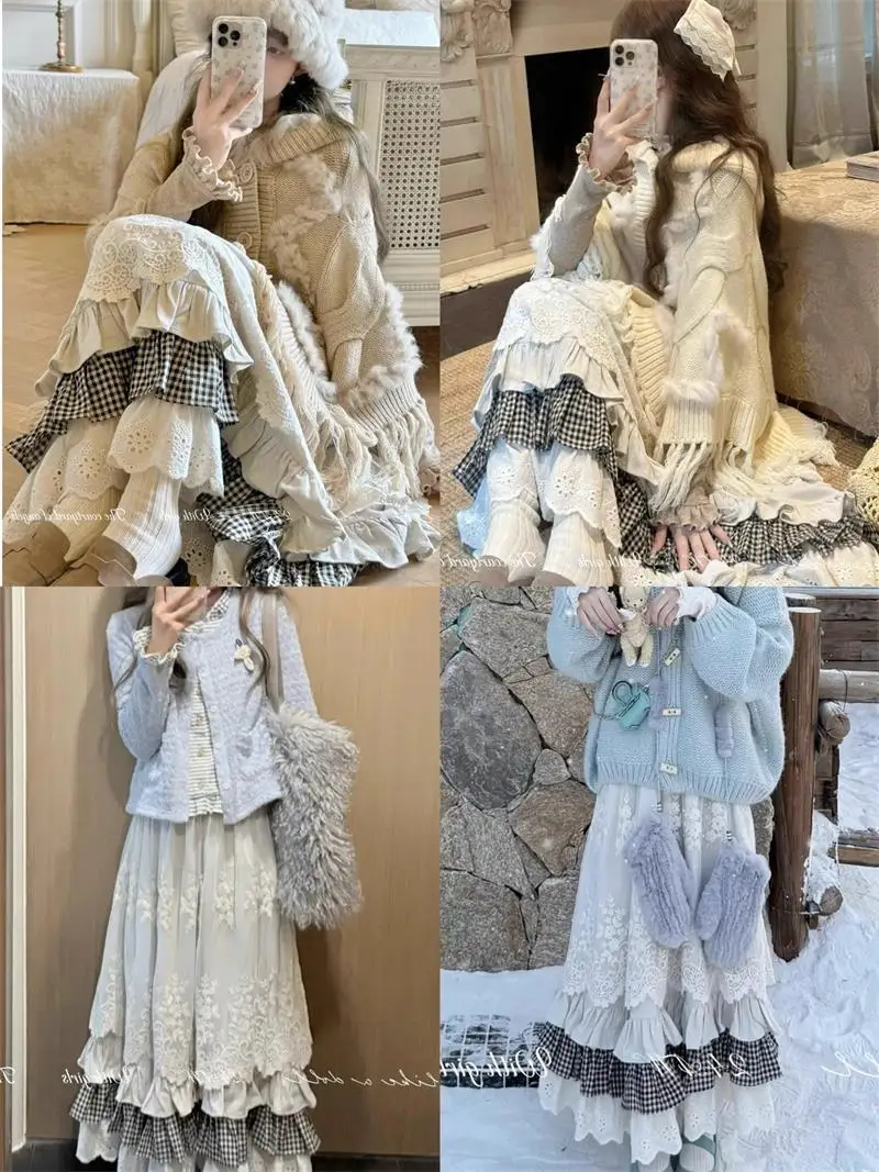 

Patchwork Lace Harajuku Faldas Largas Long Skirts for Women Plaid Pleated Vintage Ropa Mujer Casual Japanese Kawaii