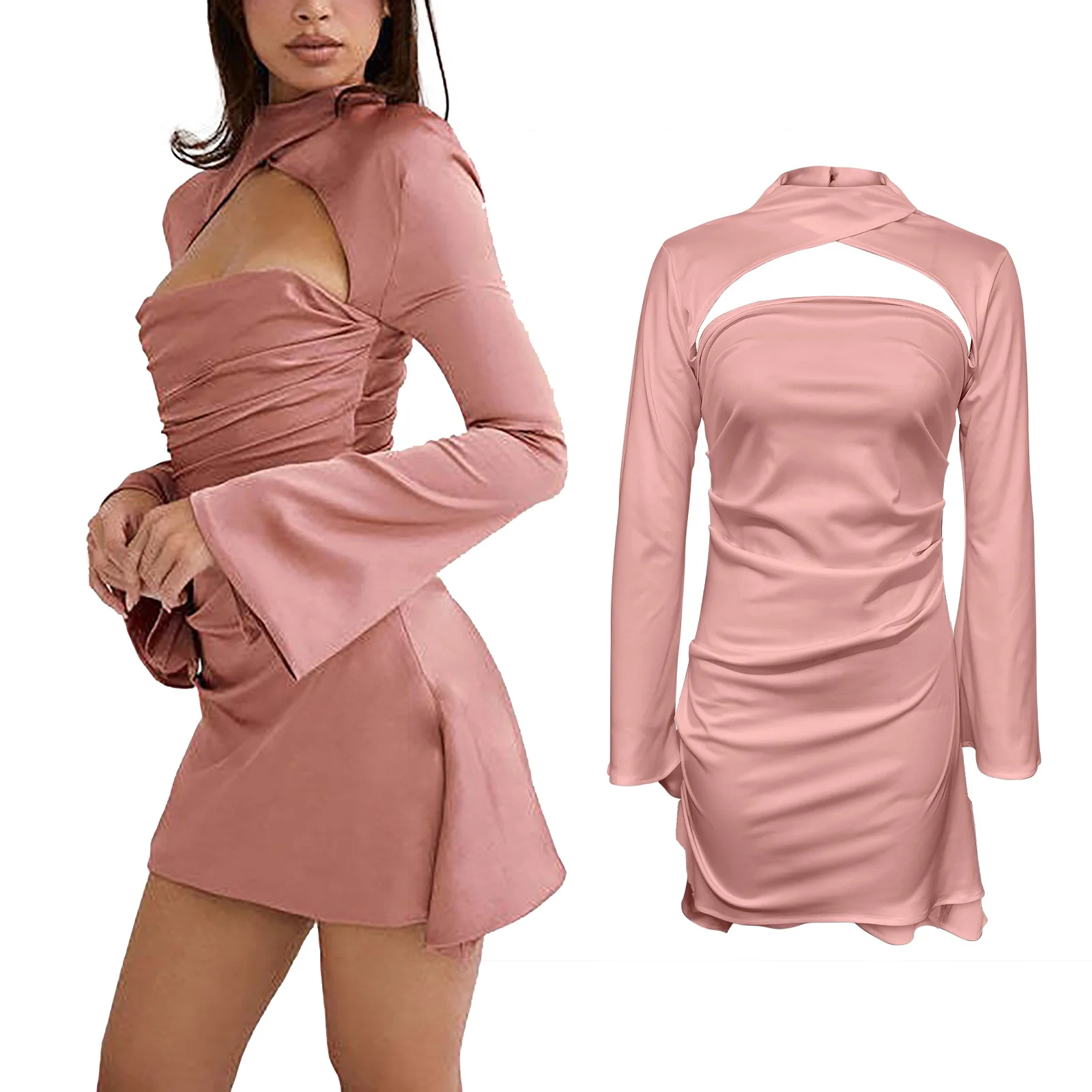 Fall Dresses For Women 2024 Sexy Pure Color Long Flared Sleeve Cut Out Mini Sundress Elegant Party Dresses For Women Vestidos