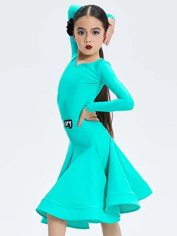 Children Latin Dance Competition Clothing Girls Long Sleeves Dress Suit Cha Cha Rumba Samba Practice Training Dress DNV17819