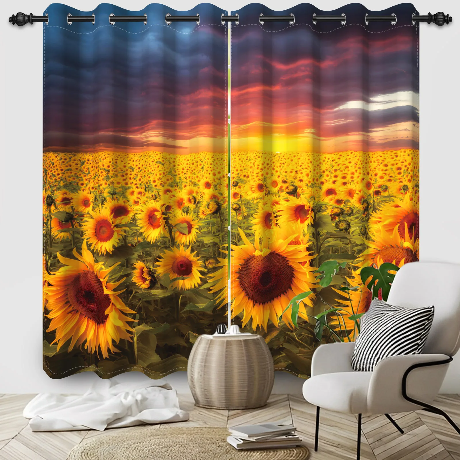 2pcs/set Oil Painting Sunset Sunflower Field Window Curtains Bedroom Living Room Home Decor Blackout Polyester Fabric Curtains