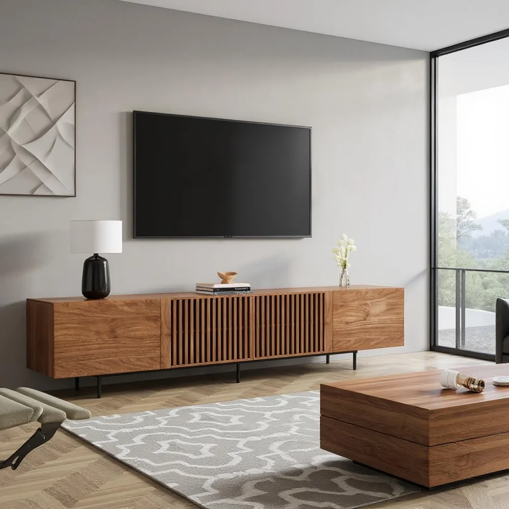 

70.87″ Mid Century Modern Walnut TV Stand with Grille Doors, Storage Cabinets,Entertainment Center for TVs Up to 80