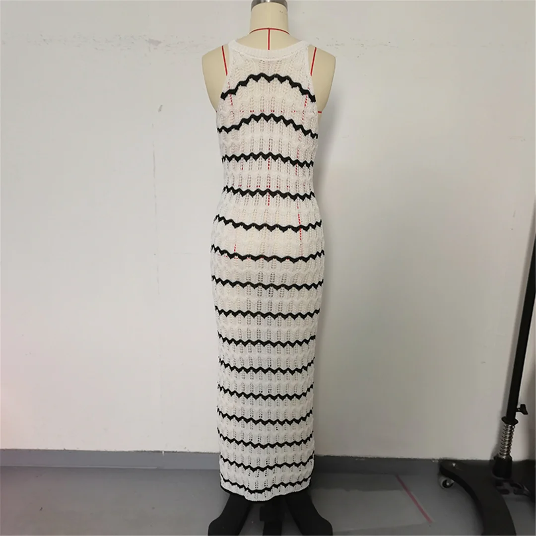 Ärmelloses, gestreiftes, ausgeschnittenes, gehäkeltes, gestricktes Tunika-Strandkleid, Strandmode, Damen-Strandkleid, Strand-Cover-up, Damen V6755 – Detail 15