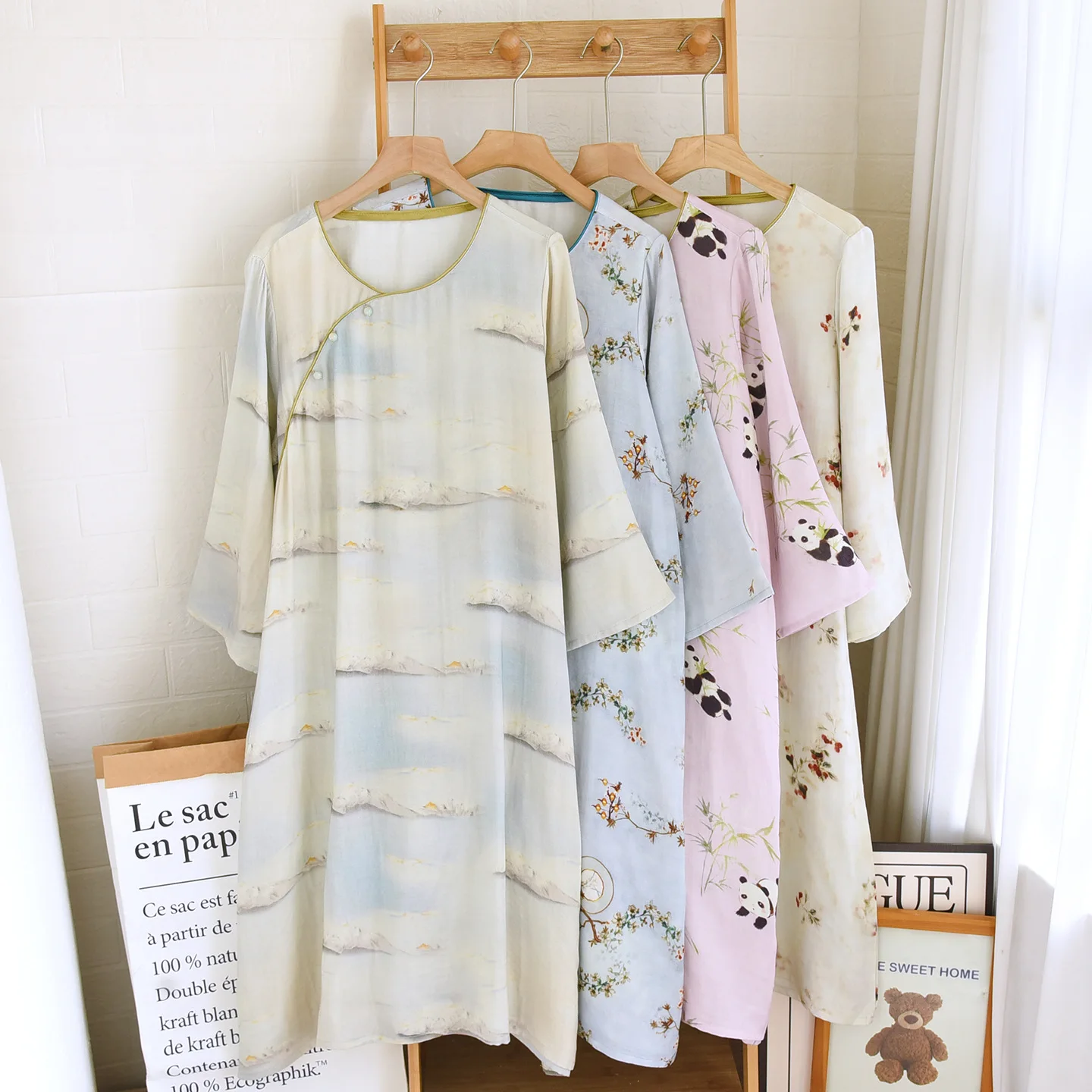 

Summer Pajamas Dress Sleepwear Women's Nightgown Floral Long Sleeve Loose Nightdress Ladies Nightwears Sleeping Gowns