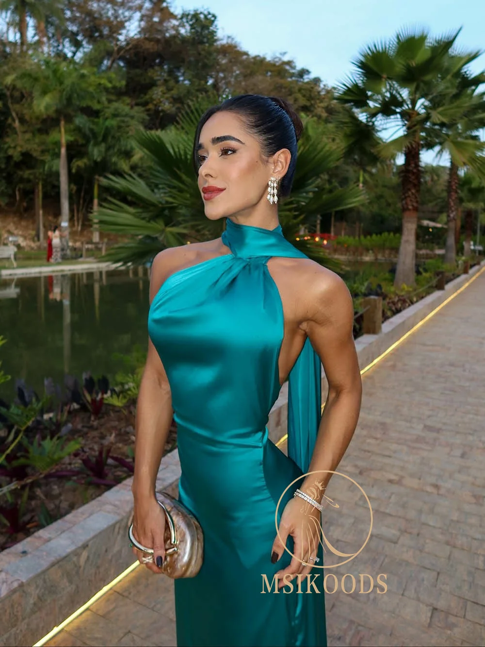 Msikoods cetim halter vestido de noite 2025 elegante sem costas alta fenda longo vestido de baile sem mangas sexy vestido de festa mulher personalizado