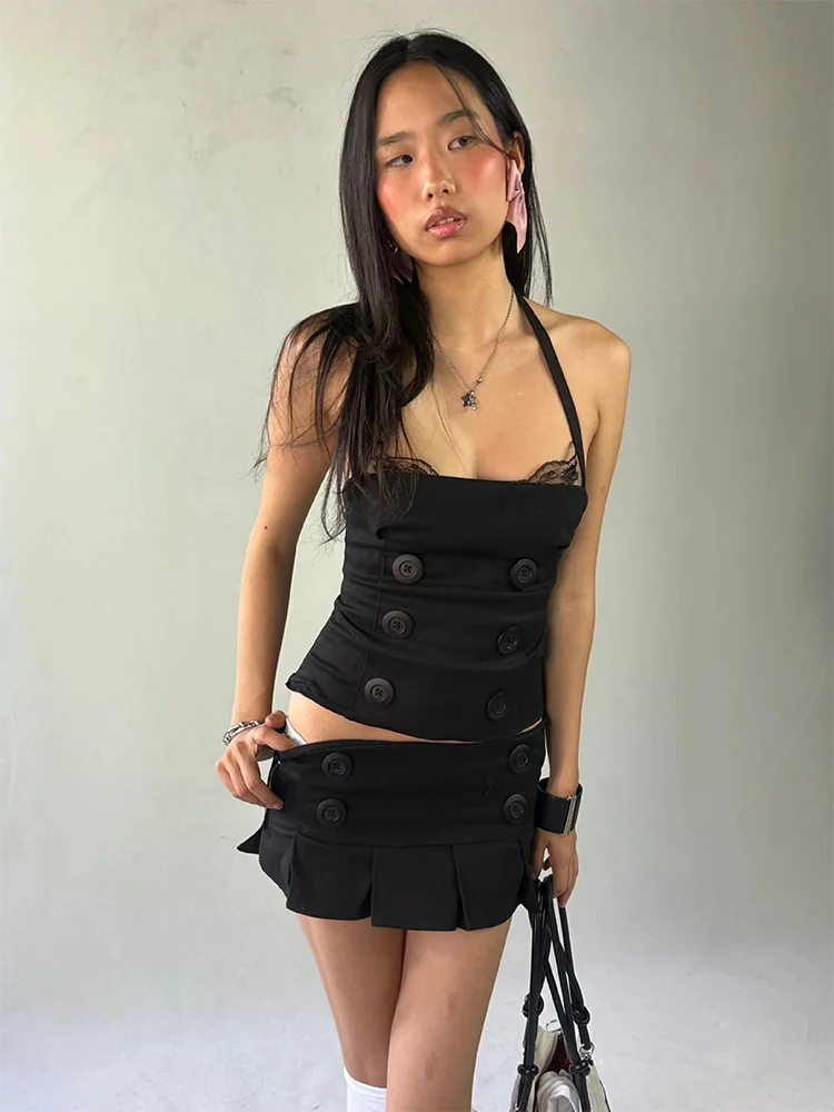 Summer Women's Black Tank Top Double Breasted Cami Top Lace Trim Slim Fit Crop Top Y2K Sexy Streetwear Summer Fashion