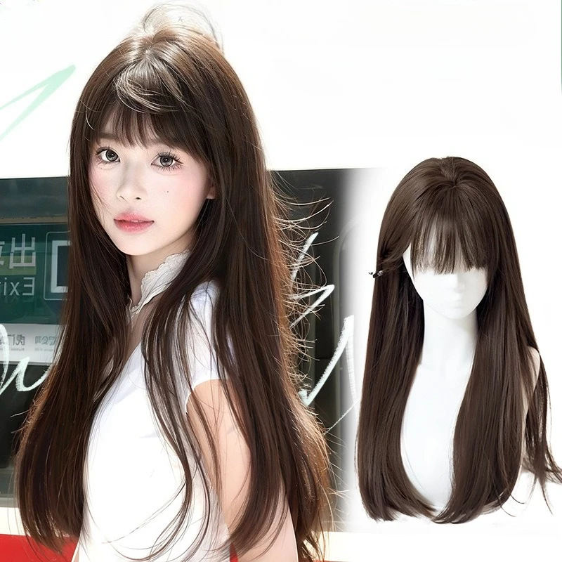 شعر مستعار نسائي يومي بنمط لوليتا بني داكن، شعر مستعار طويل مفرود مموج، مسامي وغير خانق #1