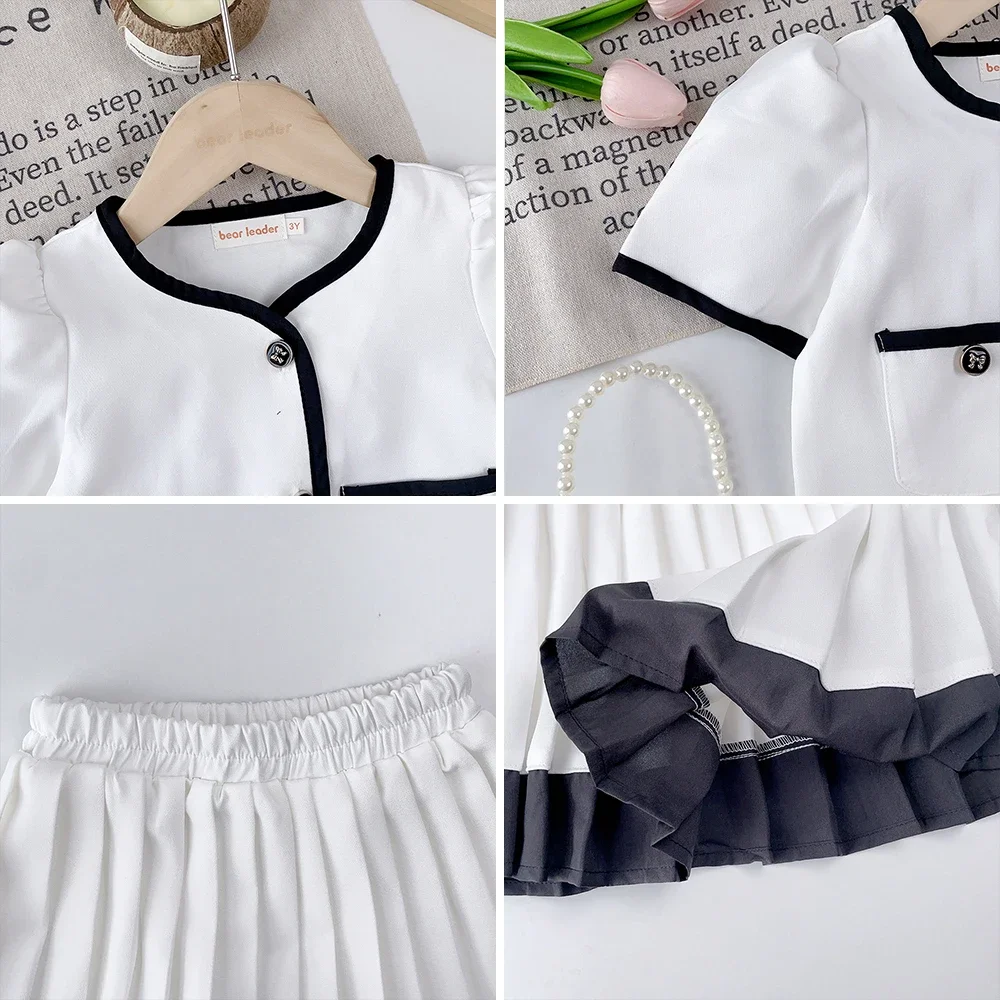 صيف جديد 3-7 سنوات الفتيات أزياء الزي قصيرة الأكمام واحدة الصدر أعلى مطوي تنورة 2 قطعة مجموعة الأطفال ملابس كاجوال #6