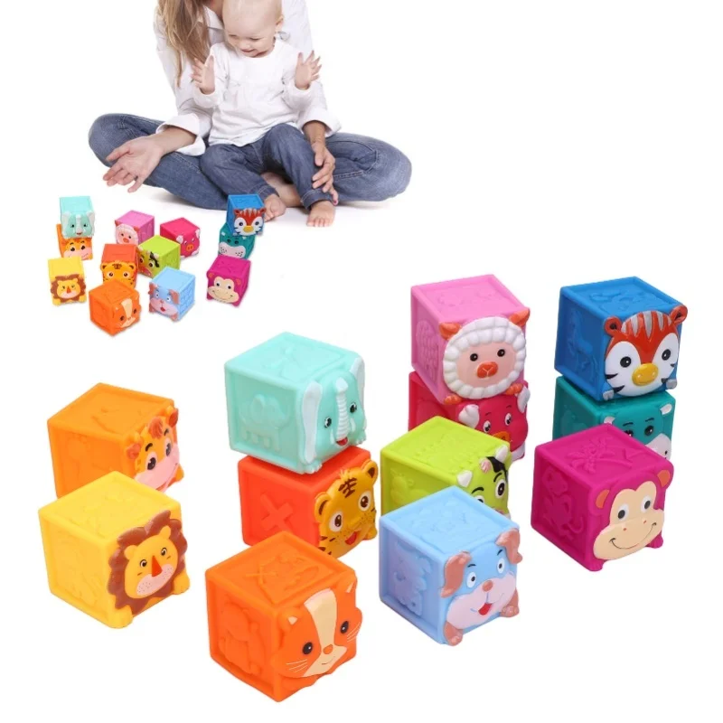 12 Pcs Baby Blocks Stacking Building Toys Educational Animal Stacking Blocks Toy Developmental Playset