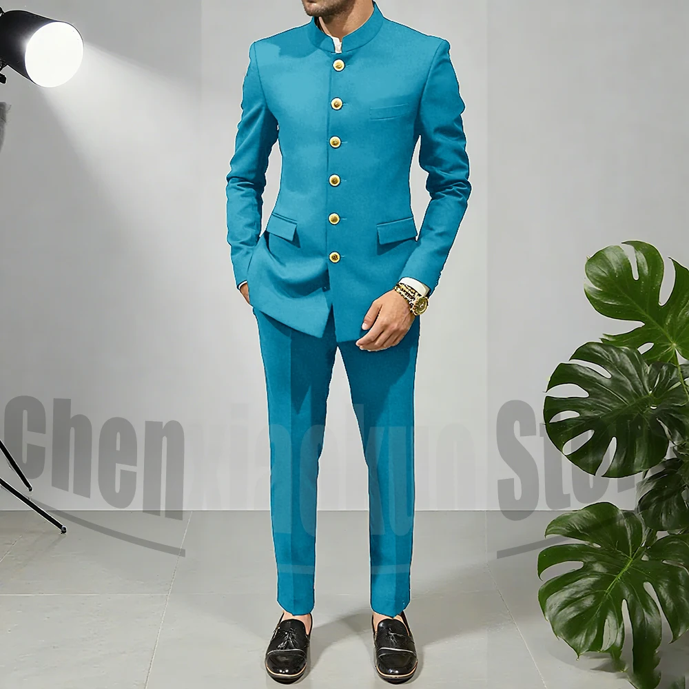 Chic Men Suits Fashion Mandarin Collar Single Breasted Blazer Sets 2 Piece Slim Business Casual Formal Wedding Party Suit - Image 3