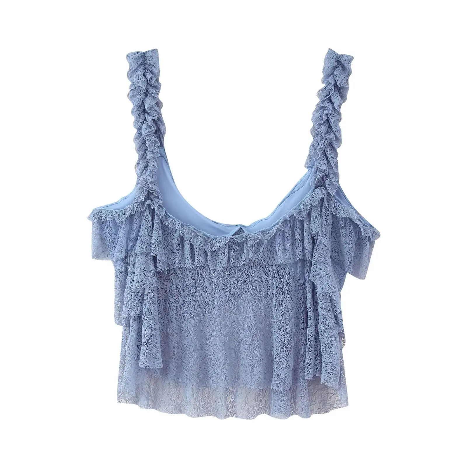 2025 Abito da donna estivo senza maniche in pizzo tinta unita con volant Top corto + gonna lunga a pieghe in vita elastica a trapezio scava fuori outfit