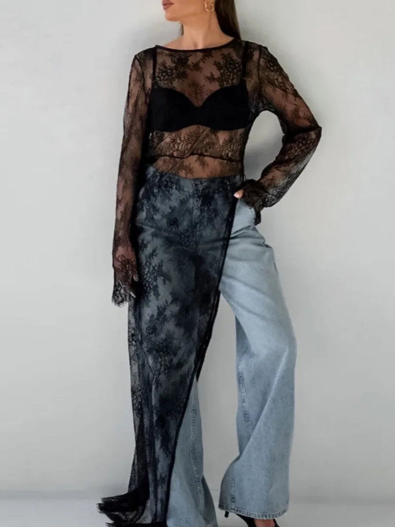 Robe longue en dentelle transparente noire pour femmes, Sexy, col rond, manches longues, ajouré, fente haute, T-shirt irrégulier, 2024