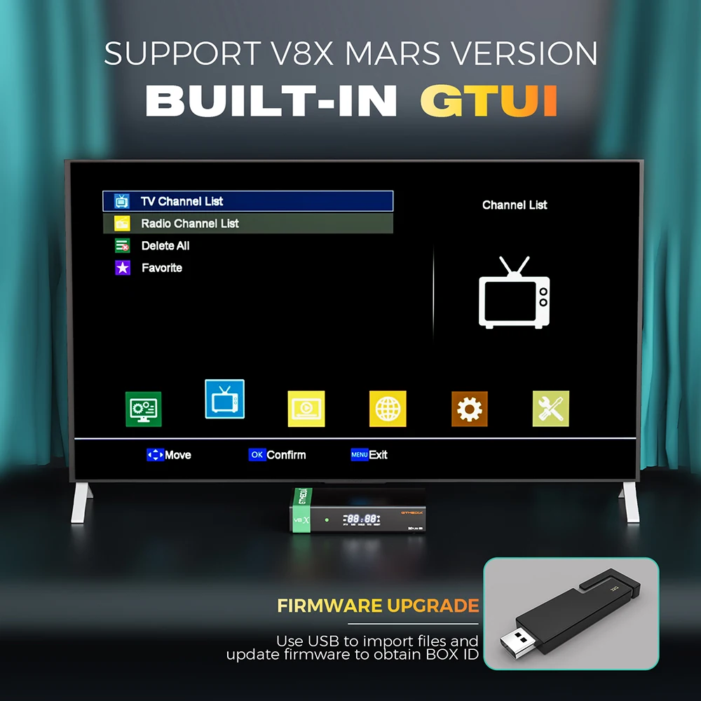 جهاز استقبال قمر صناعي GTMEDIA V8X DVB-S/S2/S2X، VCM/ACM/متعدد الأشواط يدعم BISS لفة تلقائية مدمجة 2.4G WIFI 1080P HD Mars v8x