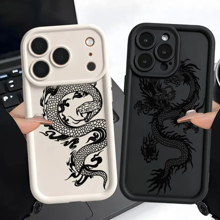 Coque de protection pour iPhone 17 Pro Max 17e 16 12 Pro 14 Air 11 15 Plus 13 – Motif Ligne Noire Dragon Serpent