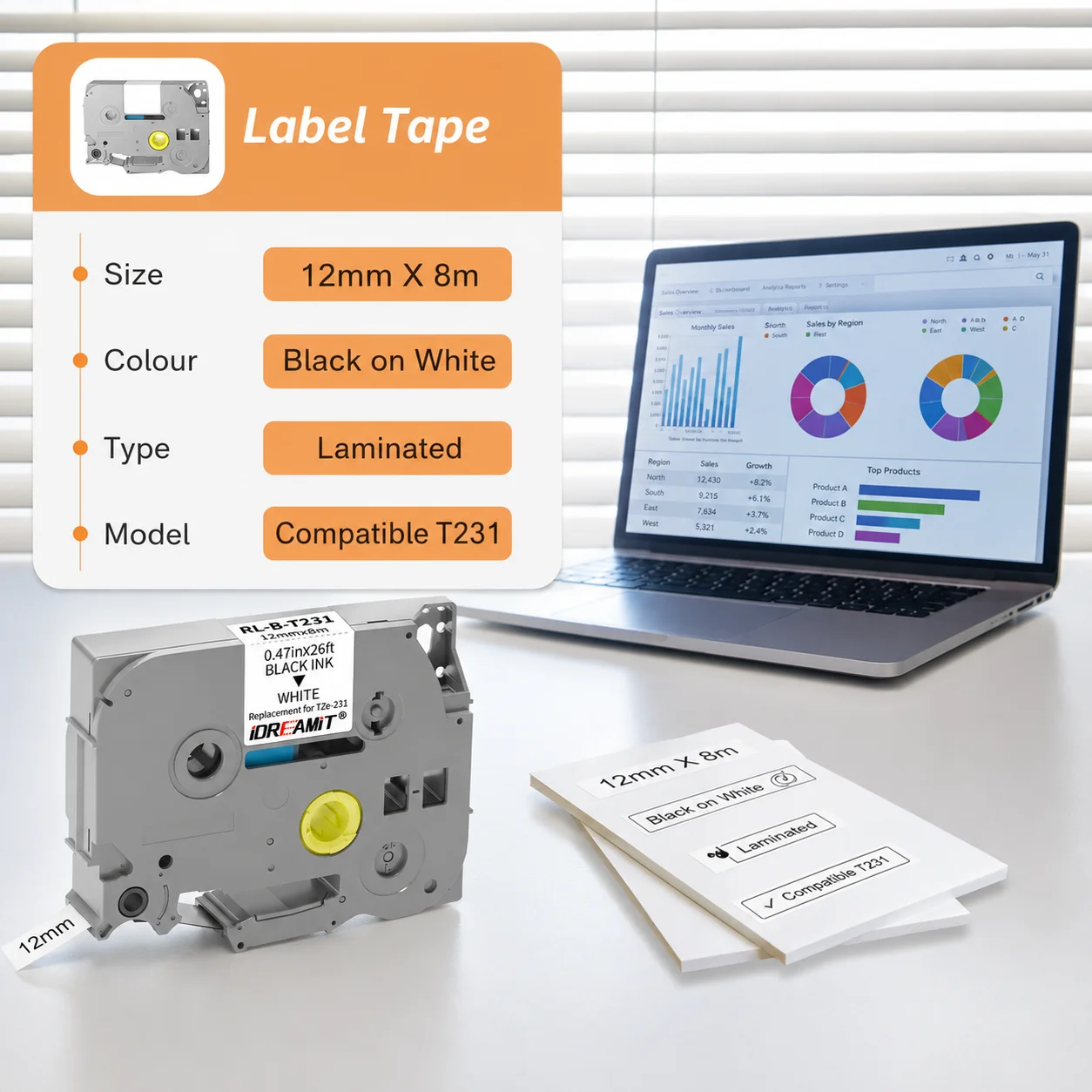 5 Packs TZE-231 Label Maker Tape 12mm 0.47 Laminated Black on White 8m Replacement for Ptouch TZ TZE TZE231 Label Tape Cassette