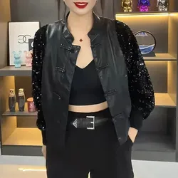 Abrigo de cuero con lentejuelas para mujer, chaqueta informal con botones de rana, estilo chino, primavera y otoño, 2024