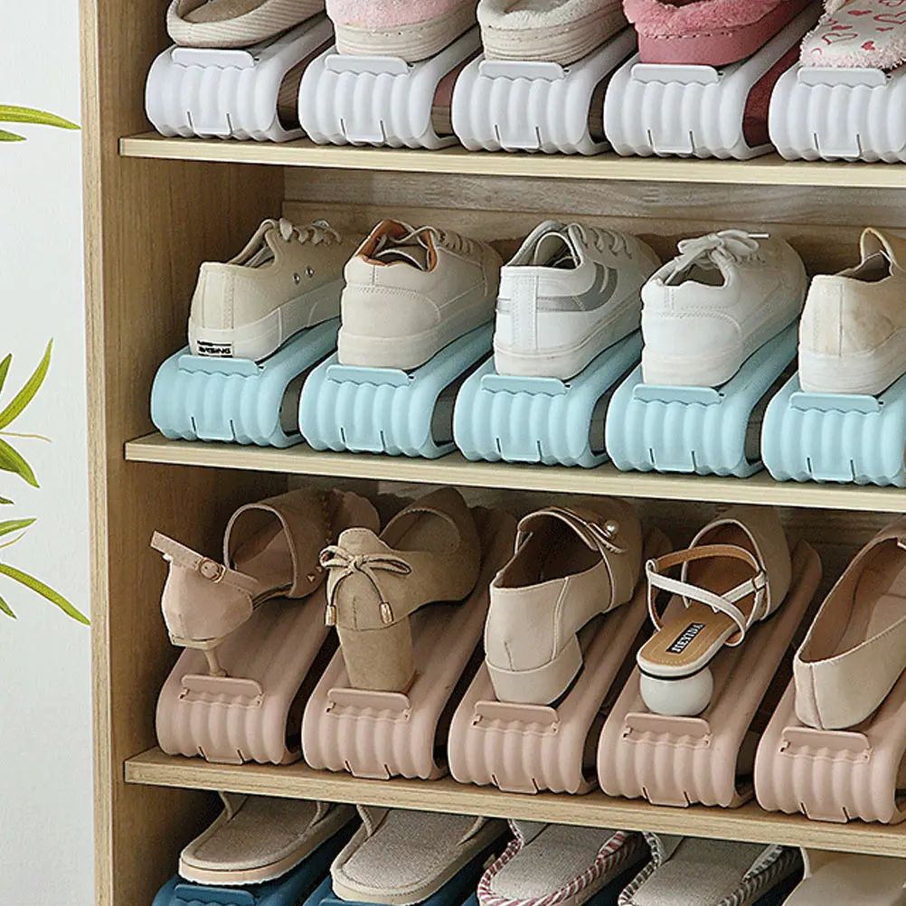 

4pcs Shoe Rack Storage Organizer Stackable Adjustable Slots Thickened PP Material Vertical Shoe Holder Display Stand