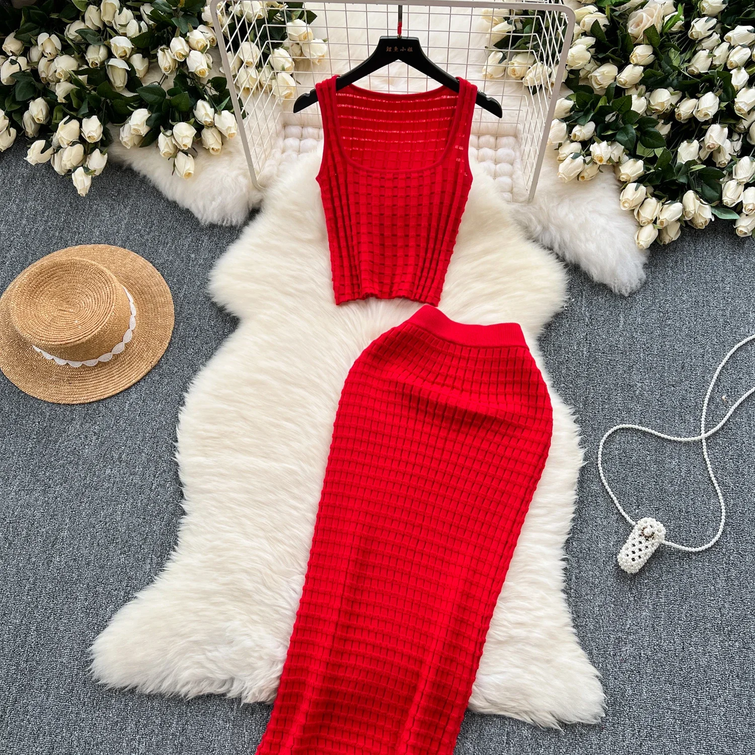 Summer Women Fashion Skirt Set Sexy Sleeveless Tank Tops High Waist Slim Long Saya Female Two Piece Suits Knit Solid Clothes