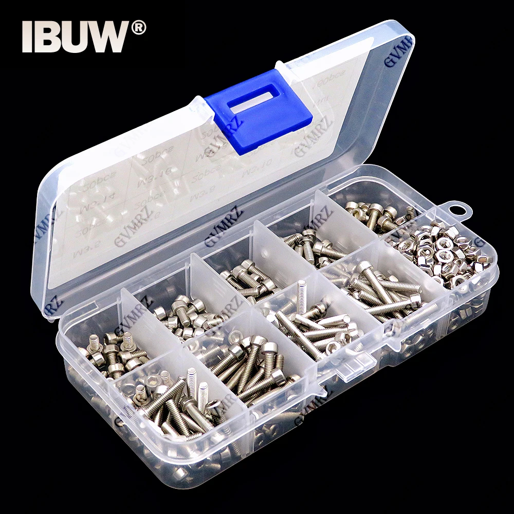 340PCS M3 M3x5 M3x6 M3x8 M3x10 M3x12 M3x14 M3x16 M3x20 Stainless Hex Socket Button Head Screws Allen bolt Nut Assortment Kit