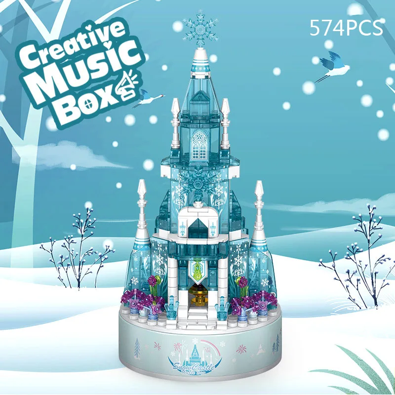 Fantasyland Creative Music Box Ice Snow Queen Castle Building Block Fairy Tale Construction Brick Educational Toy With Light