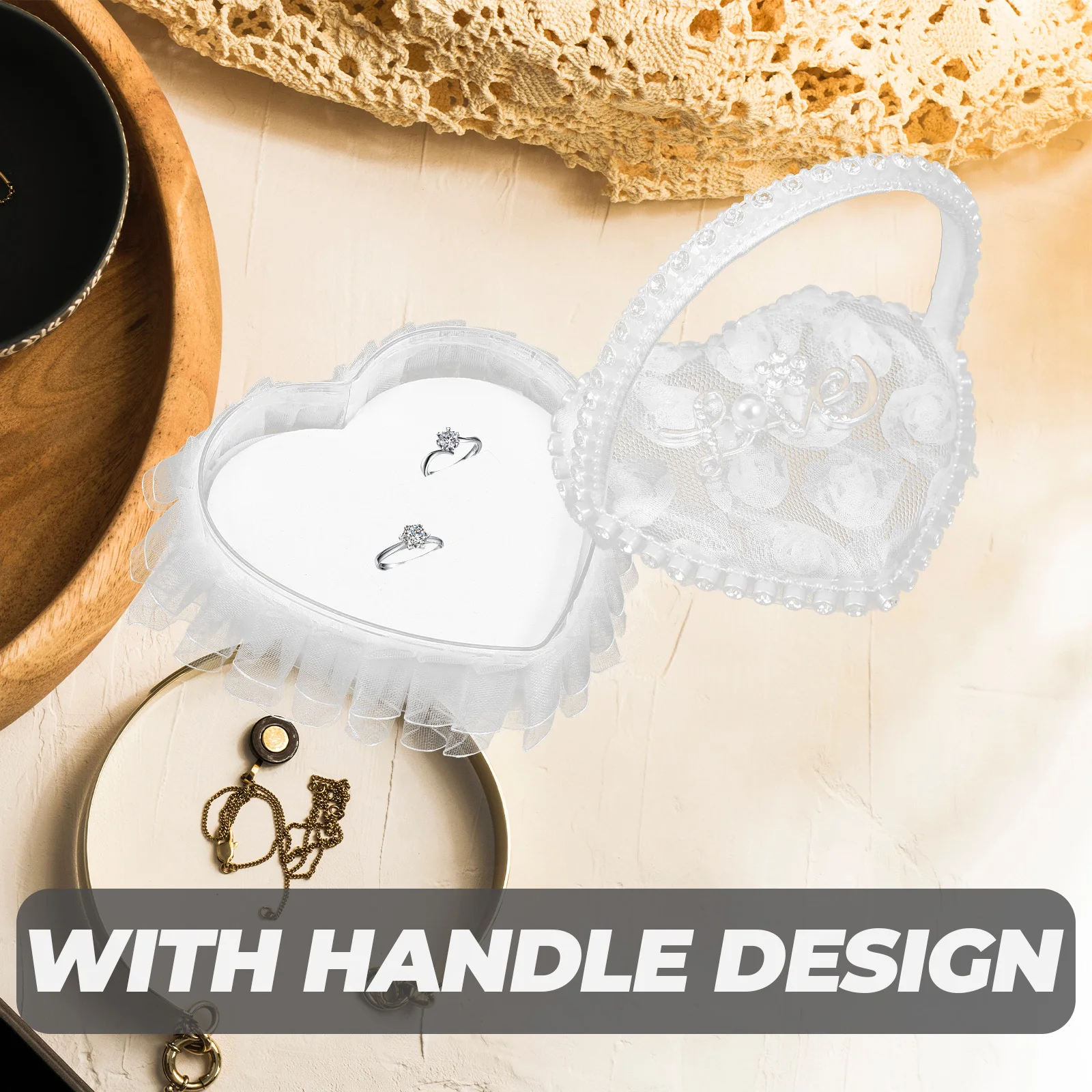 

Elegant Heart Shaped Ring Pillow For Wedding Ceremony With Handle Lace Design Engagement Ring Display Box
