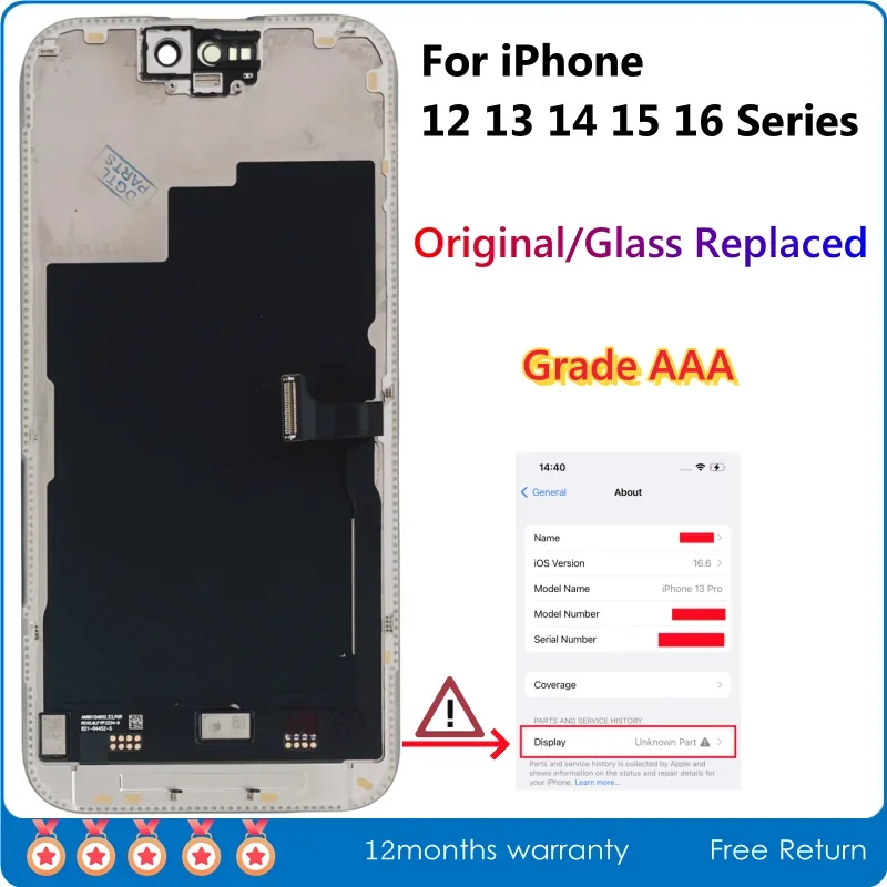 Official Original Screen Glass Replaced For iPhone 12mini 13 14 Plus 15 16 Pro Max LCD Display Assembly Glass Changed Test A+++